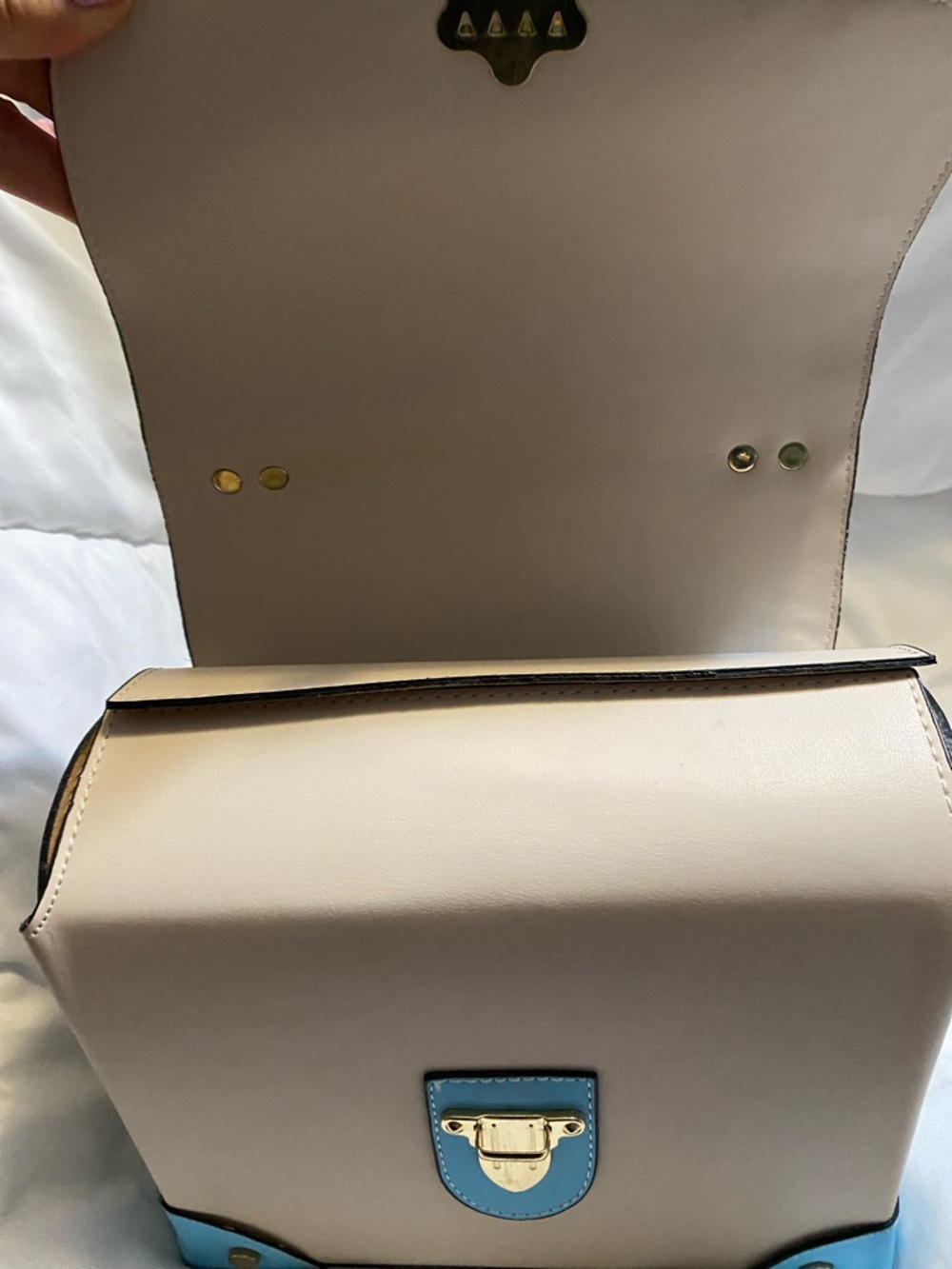 Cream and Turquoise Top-Handle Satchel with Patterned Flap - Picture 7 of 13